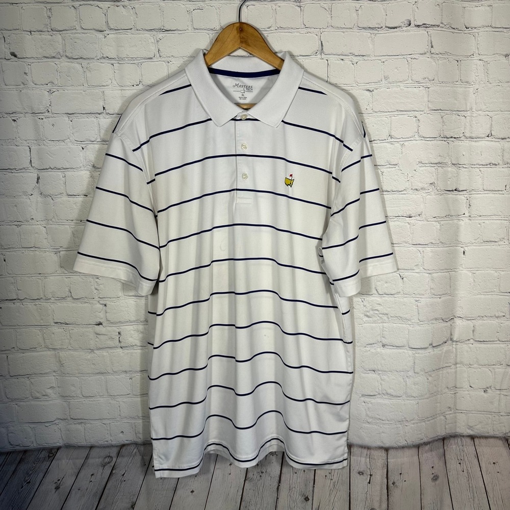 Masters Tech Mens XL Golf Polo Shirt White Navy‎ Blue Striped Augusta National